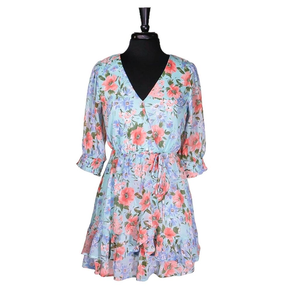 Sienna Sky Women's Blue Dress Floral Elastic Waist Drawstring Lined Fit Flare S